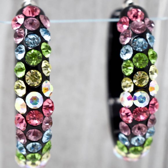2" Diagonal Multicolor Rhinestones Black Hoops (B) - Picture 4 of 13